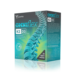 Omniflex K2D3 Powder dietary supplement featuring vitamins K2 and D3 for enhanced calcium absorption and support for healthy bones, muscles, and joints, available for purchase in Ireland at Yasenka.ie
