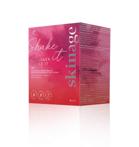 Skinage Collagen Shake It Blackcurrant flavor dietary supplement for skin health and hydration, available for purchase in Ireland at Yasenka.ie.